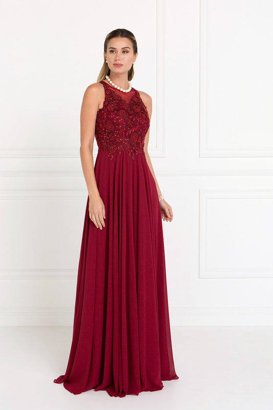 Vestido largo de gasa en forma de A con bordados y adornos de joyas 