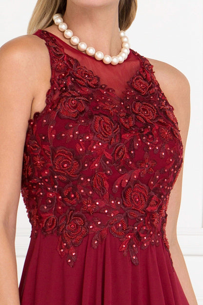 Vestido largo de gasa en forma de A con bordados y adornos de joyas 
