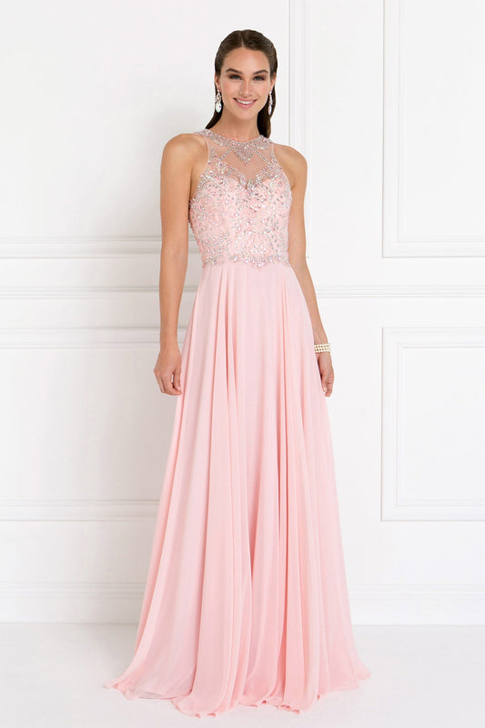 Vestido largo de gasa con escote en forma de corazón y pedrería 