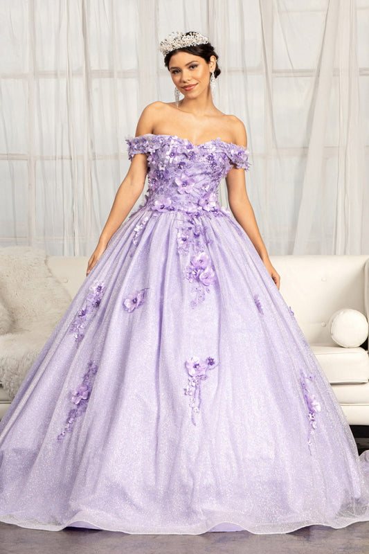 Vestido de quinceañera de malla brillante con apliques florales 3D y adornos de joyas 