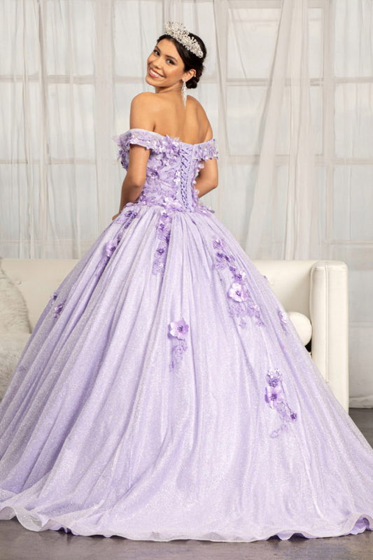 Vestido de quinceañera de malla brillante con apliques florales 3D y adornos de joyas 