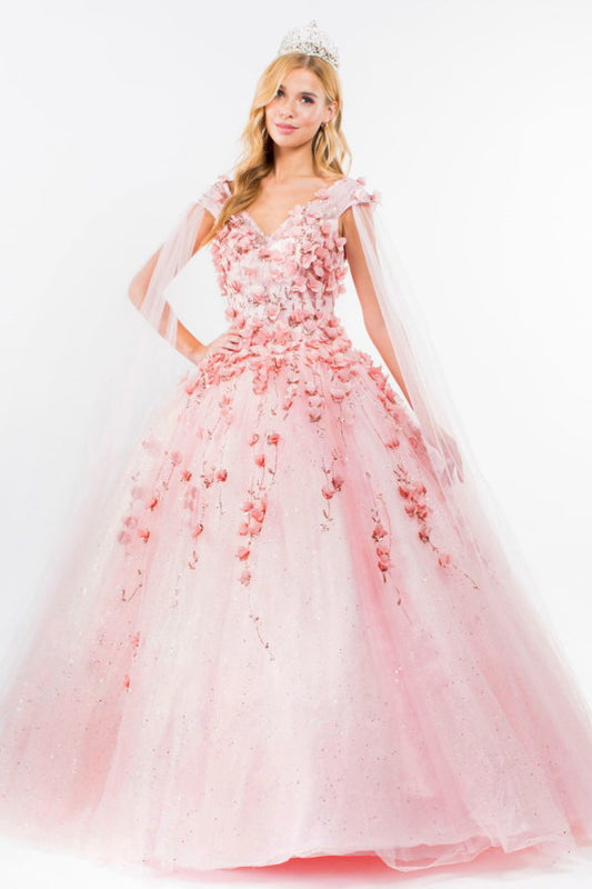 Vestido de quinceañera con apliques florales 3D de malla brillante y manga capa desmontable 