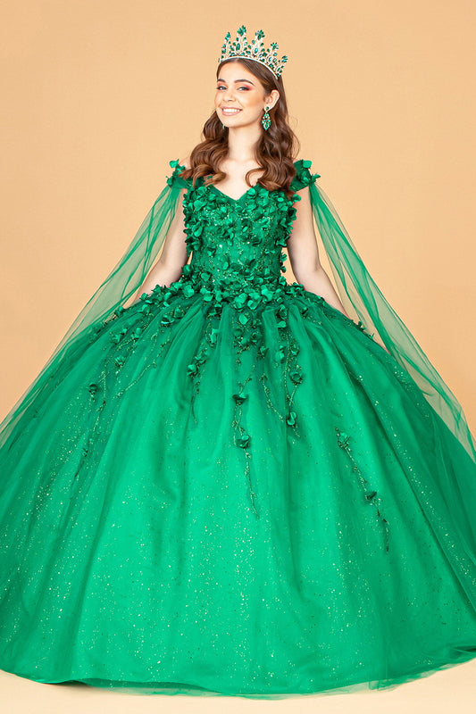Vestido de quinceañera con apliques florales 3D de malla brillante y manga capa desmontable 