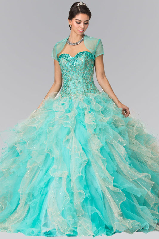 Vestido de quinceañera de tul bordado con cuentas y bolero 
