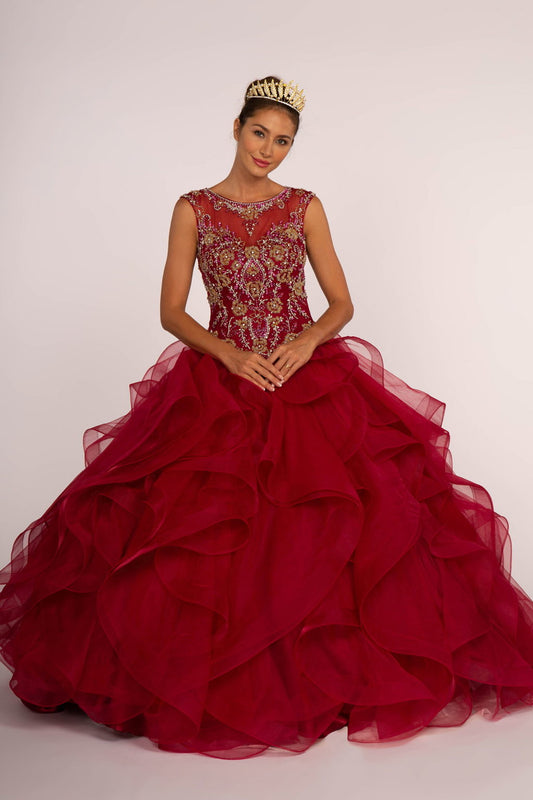 Vestido de gala de tul con corpiño adornado con cuentas y falda con volantes de varias capas 