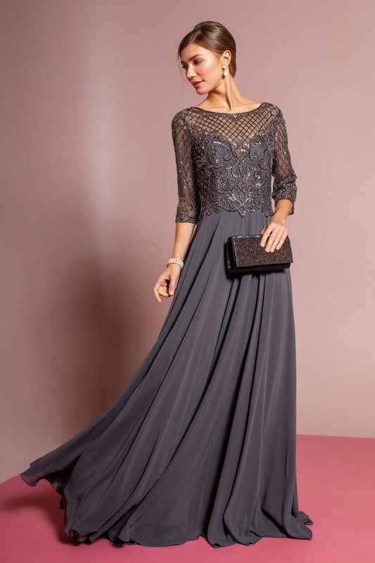 Vestido largo de gasa con corpiño adornado con cuentas 