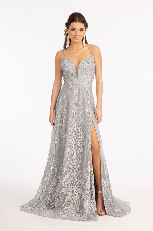 Vestido de corte A de malla con apliques de flores 3D, adornos de purpurina y abertura lateral 