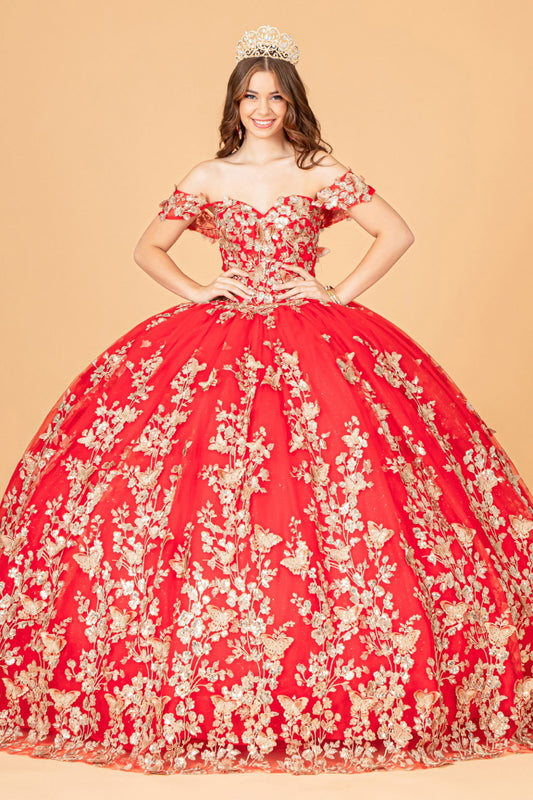 Vestido de quinceañera con apliques de mariposa en 3D y escote corazón con espalda de corsé 