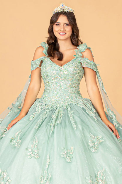 3-D Flower Applique Mesh Quinceanera Ball Gown with Side Mesh Drapes