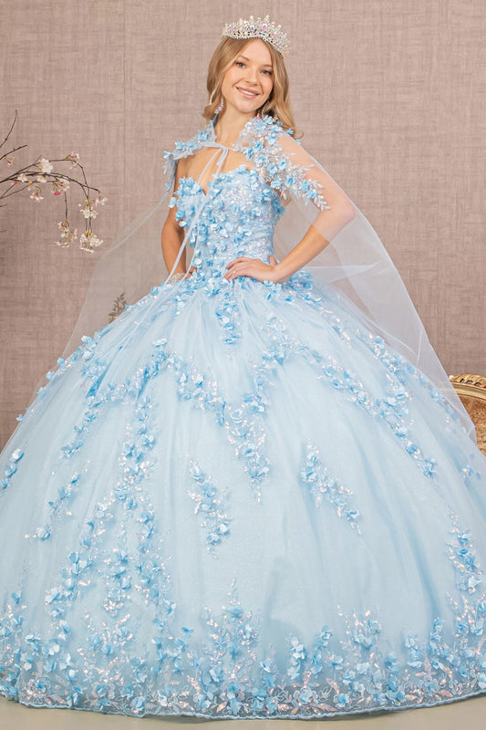 Vestido de quinceañera con apliques de flores en 3D y purpurina, con capa de malla 
