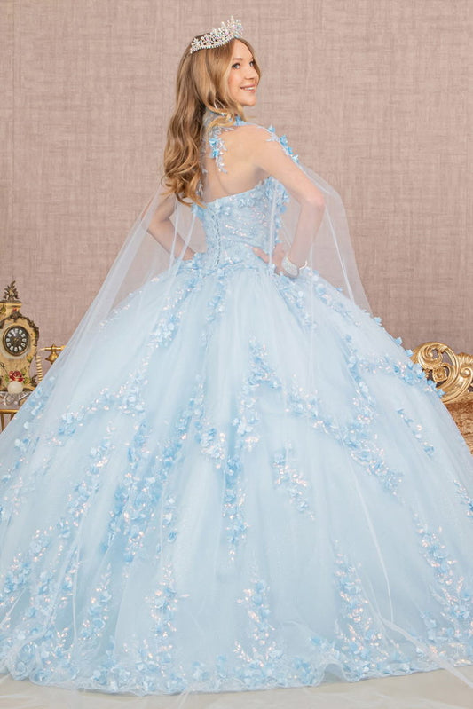Vestido de quinceañera con apliques de flores en 3D y purpurina, con capa de malla 