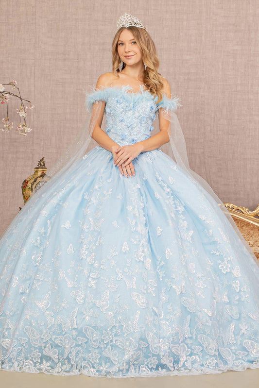 Vestido de quinceañera con flores 3D y plumas, con malla lateral desmontable 