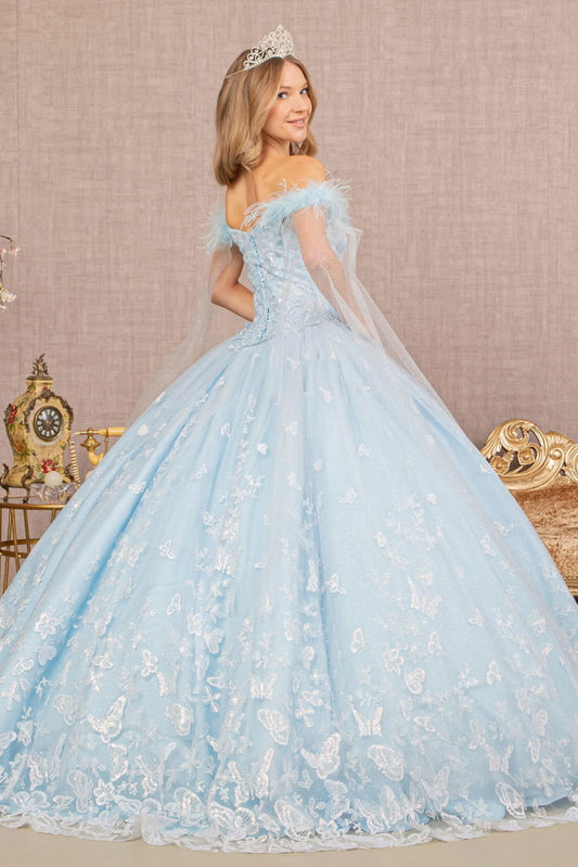 Vestido de quinceañera con flores 3D y plumas, con malla lateral desmontable 