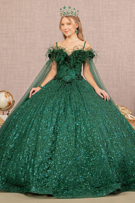 Vestido de quinceañera con encaje de lentejuelas y plumas con capa de malla lateral desmontable 