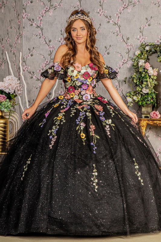 Vestido de quinceañera de malla con apliques de flores 3D y mangas cortas desmontables 