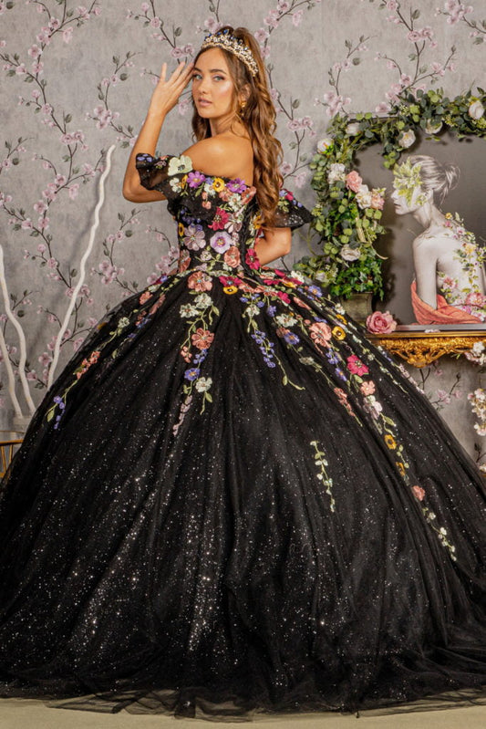 Vestido de quinceañera de malla con apliques de flores 3D y mangas cortas desmontables 
