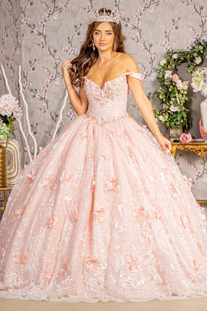 3-D Butterfly Applique Jewel Sequin Quinceanera Ball Gown