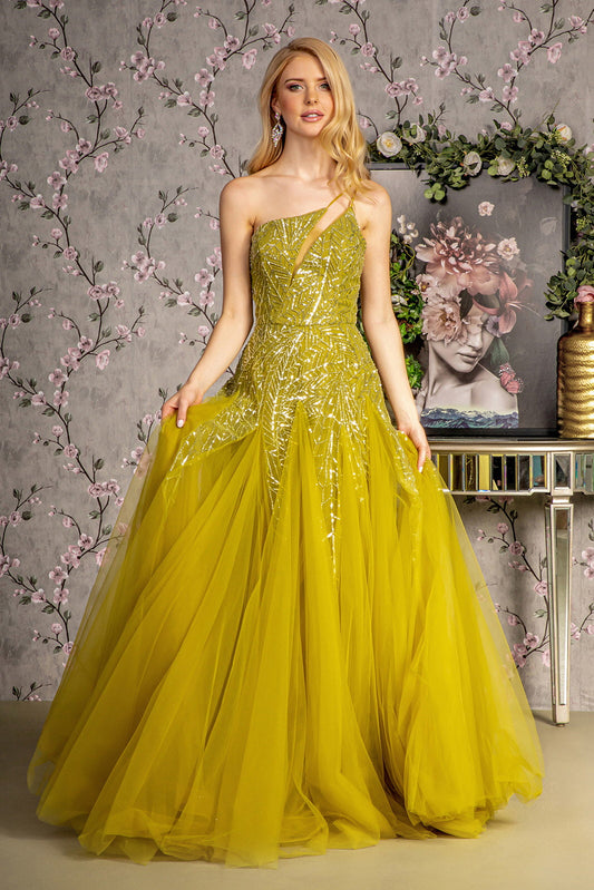 Vestido largo asimétrico de corte A con lentejuelas y malla transparente en la parte delantera