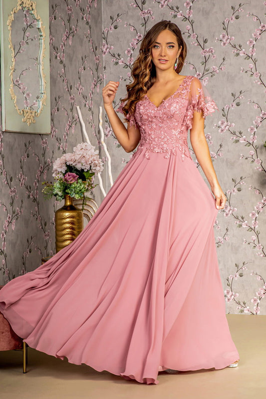 Vestido largo de gasa con bordado de flores en 3D y corte en A con mangas cortas transparentes