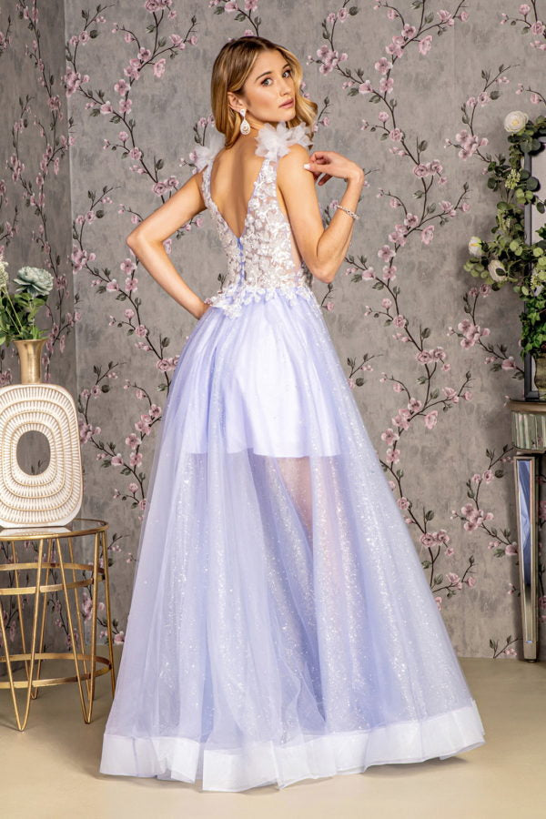 3-D Flower Sheer Bodice V-back Mesh A-line Long Dress