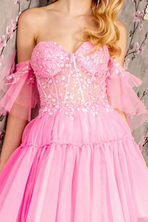 3-D Heart Applique Bead Layered Skirt Mesh A-line Long Dress