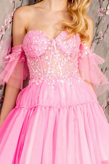 3-D Heart Applique Bead Layered Skirt Mesh A-line Long Dress