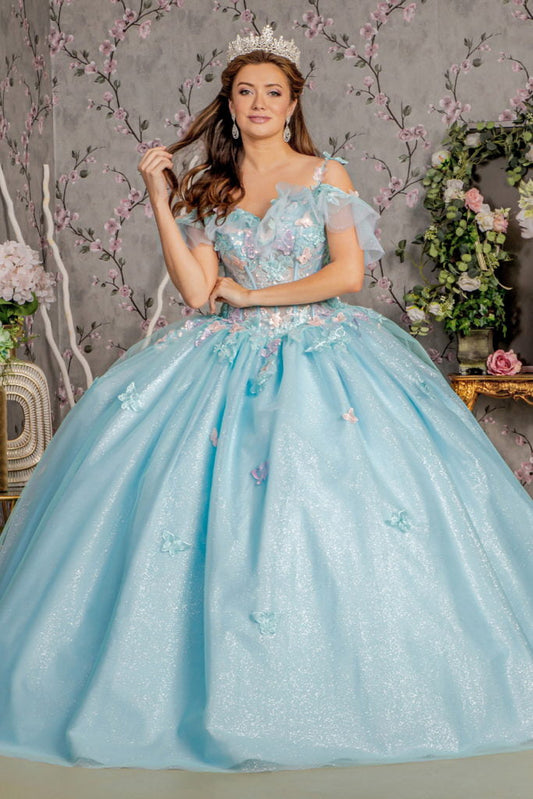Vestido de fiesta de malla con escote en forma de corazón, volantes y brillantes con diseño de mariposas en 3D