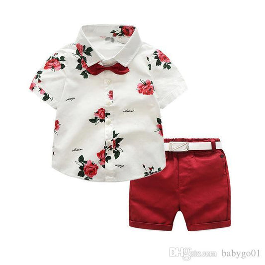 Conjunto de traje formal para niños, camisa de manga corta con estampado floral de verano para caballero