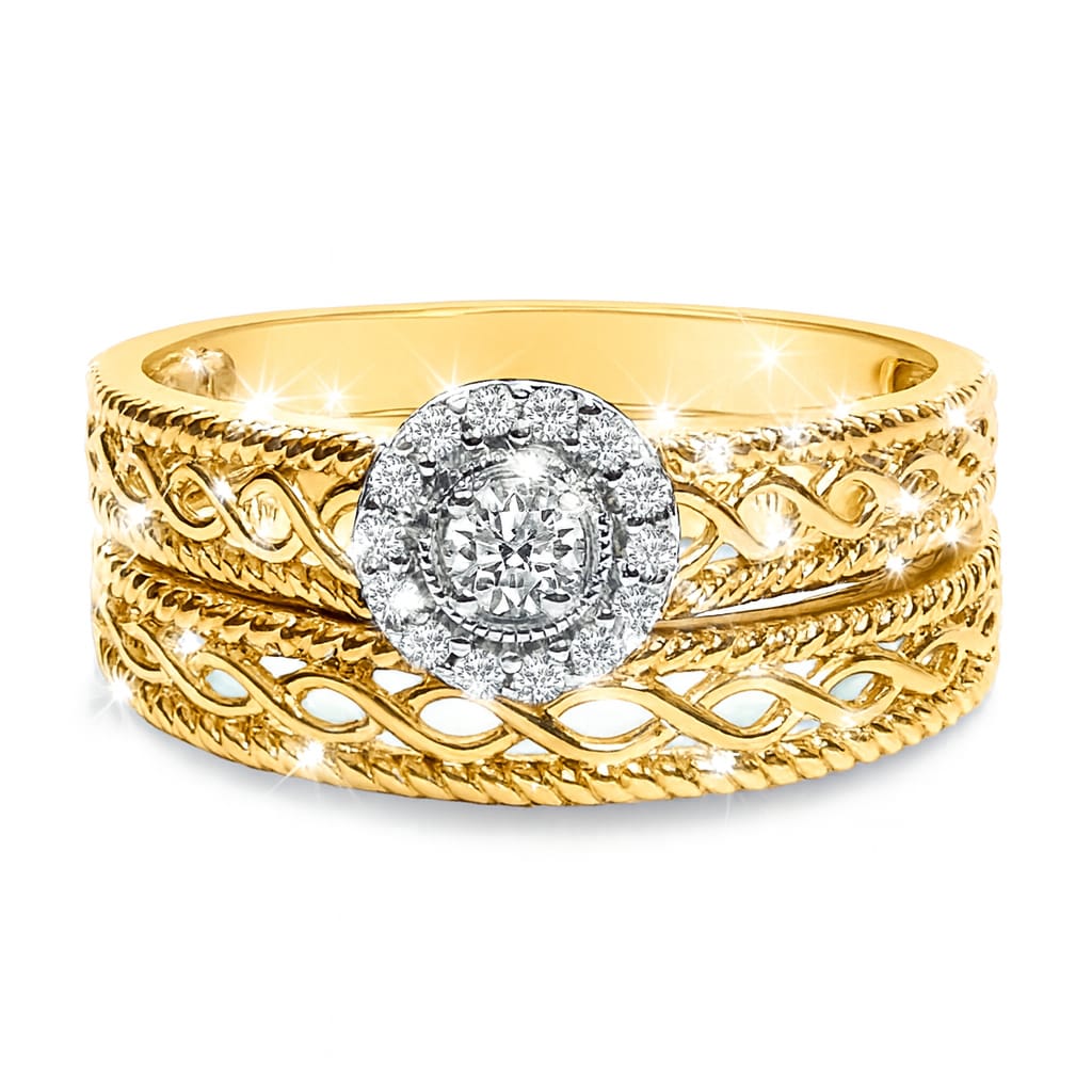 14K Yellow Gold Plated .925 Sterling Silver 1/5 Cttw Diamond Halo Engagement Ring and Wedding Band Set (I-J Color, I3 Clarity) - Size 7