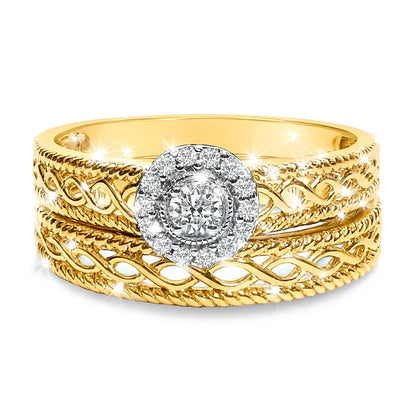 14K Yellow Gold Plated .925 Sterling Silver 1/5 Cttw Diamond Halo Engagement Ring and Wedding Band Set (I-J Color, I3 Clarity) - Size 7